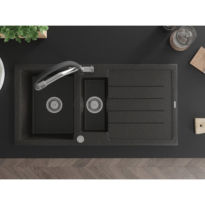 Mexen Andres zlewozmywak granitowy 1,5-komorowy z ociekaczem i baterią kuchenną Duo, czarny/złoty metalik - 6515-75-671701-07