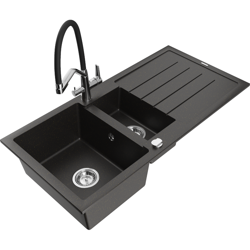 Mexen Andres zlewozmywak granitowy 1,5-komorowy z ociekaczem i baterią kuchenną Duo, czarny/złoty metalik - 6515-75-671701-07