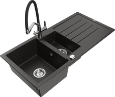 Mexen Andres zlewozmywak granitowy 1,5-komorowy z ociekaczem i baterią kuchenną Duo, czarny/złoty metalik - 6515-75-671701-07