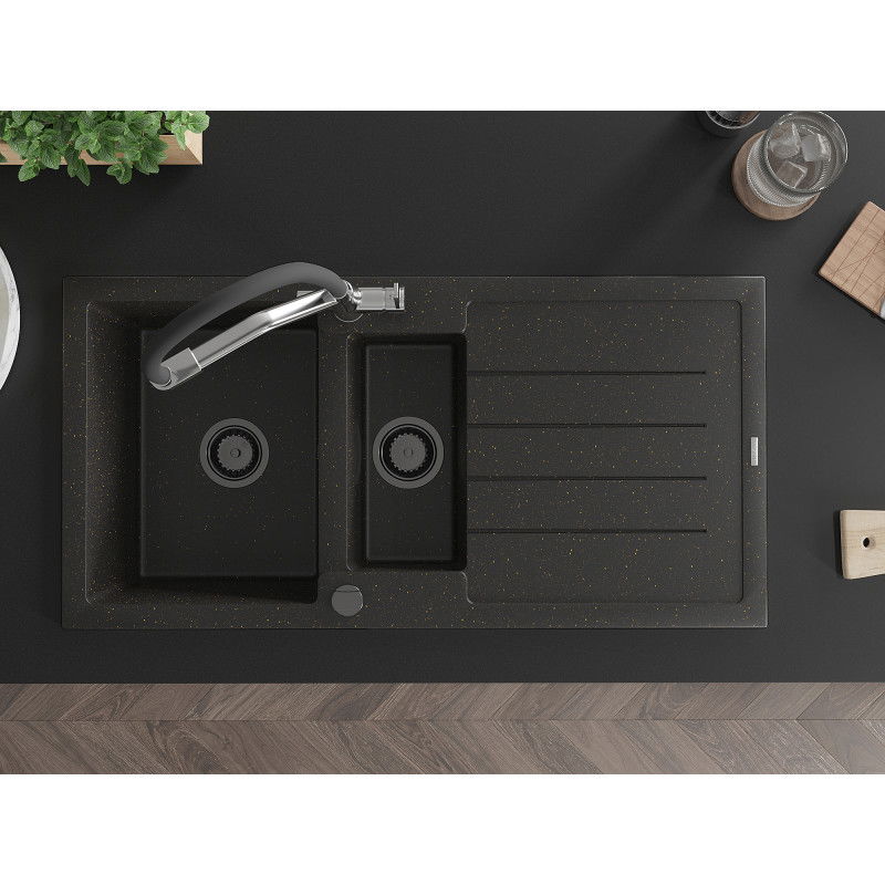 Mexen Andres zlewozmywak granitowy 1,5-komorowy z ociekaczem i baterią kuchenną Duo, czarny/złoty metalik - 6515-75-671701-07-B
