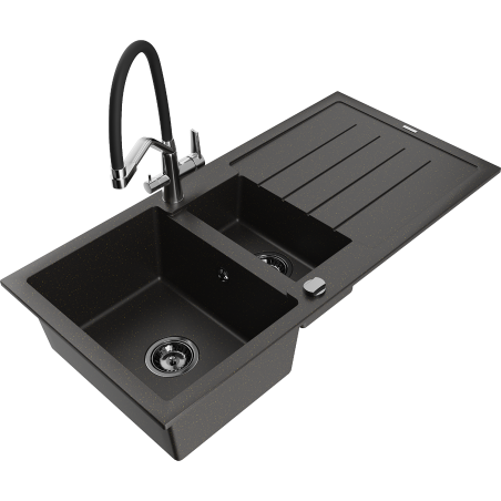 Mexen Andres zlewozmywak granitowy 1,5-komorowy z ociekaczem i baterią kuchenną Duo, czarny/złoty metalik - 6515-75-671701-07-B
