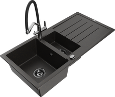 Mexen Andres zlewozmywak granitowy 1,5-komorowy z ociekaczem i baterią kuchenną Duo, czarny/złoty metalik - 6515-75-671701-07-B