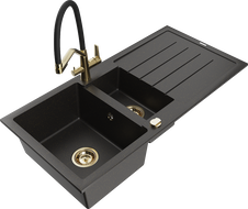 Mexen Andres zlewozmywak granitowy 1,5-komorowy z ociekaczem i baterią kuchenną Duo, czarny/złoty metalik - 6515-75-671701-57-G