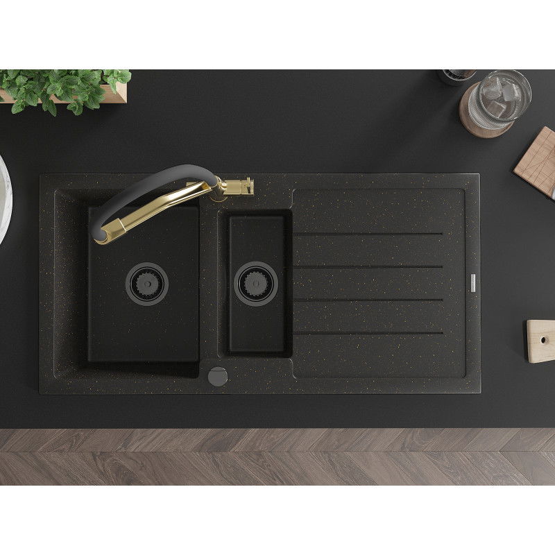 Mexen Andres zlewozmywak granitowy 1,5-komorowy z ociekaczem i baterią kuchenną Duo, czarny/złoty metalik - 6515-75-671701-57-B