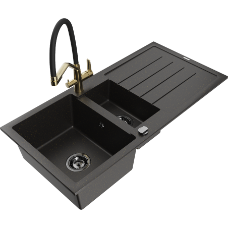 Mexen Andres zlewozmywak granitowy 1,5-komorowy z ociekaczem i baterią kuchenną Duo, czarny/złoty metalik - 6515-75-671701-57-B