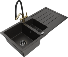 Mexen Andres zlewozmywak granitowy 1,5-komorowy z ociekaczem i baterią kuchenną Duo, czarny/złoty metalik - 6515-75-671701-57-B