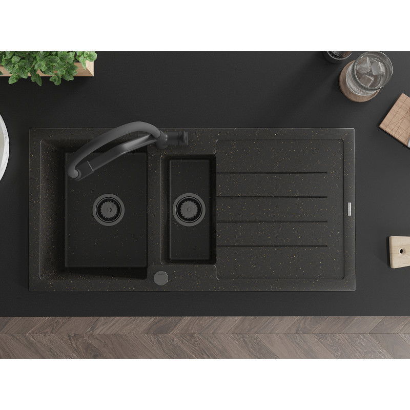 Mexen Andres zlewozmywak granitowy 1,5-komorowy z ociekaczem i baterią kuchenną Duo, czarny/złoty metalik - 6515-75-671701-70-B