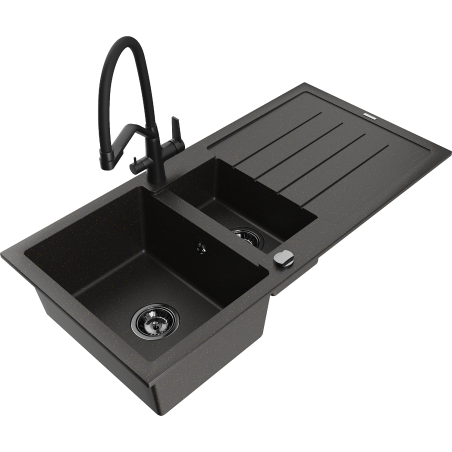 Mexen Andres zlewozmywak granitowy 1,5-komorowy z ociekaczem i baterią kuchenną Duo, czarny/złoty metalik - 6515-75-671701-70-B