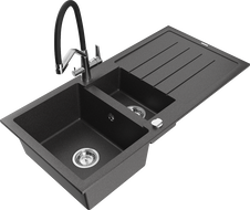 Mexen Andres zlewozmywak granitowy 1,5-komorowy z ociekaczem i baterią kuchenną Duo, czarny nakrapiany - 6515-76-671701-07