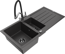 Mexen Andres zlewozmywak granitowy 1,5-komorowy z ociekaczem i baterią kuchenną Duo, czarny nakrapiany - 6515-76-671701-07-B
