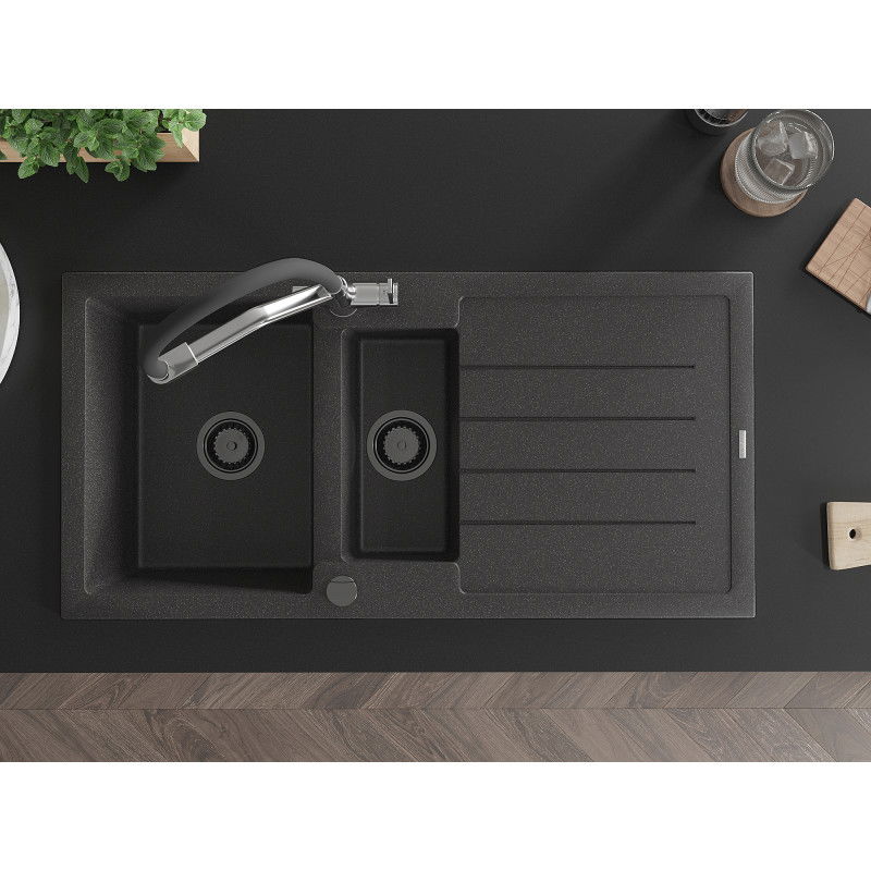 Mexen Andres zlewozmywak granitowy 1,5-komorowy z ociekaczem i baterią kuchenną Duo, czarny nakrapiany - 6515-76-671701-07-B