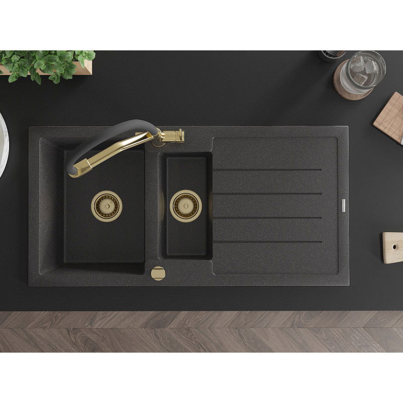 Mexen Andres zlewozmywak granitowy 1,5-komorowy z ociekaczem i baterią kuchenną Duo, czarny nakrapiany - 6515-76-671701-57-G