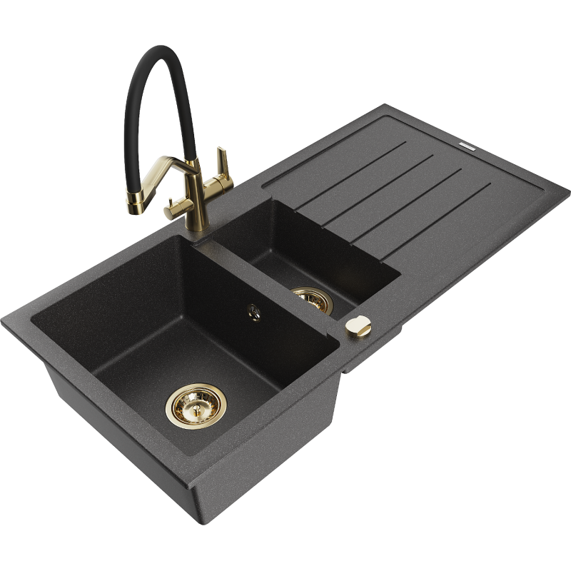 Mexen Andres zlewozmywak granitowy 1,5-komorowy z ociekaczem i baterią kuchenną Duo, czarny nakrapiany - 6515-76-671701-57-G