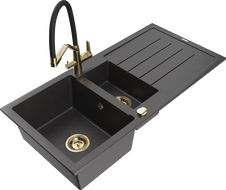 Mexen Andres zlewozmywak granitowy 1,5-komorowy z ociekaczem i baterią kuchenną Duo, czarny nakrapiany - 6515-76-671701-57-G