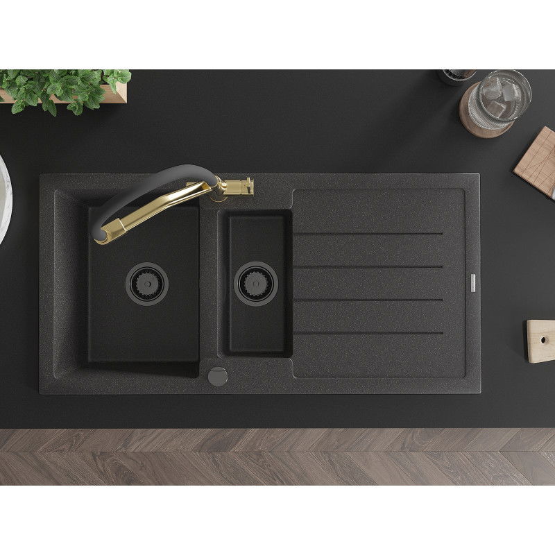 Mexen Andres zlewozmywak granitowy 1,5-komorowy z ociekaczem i baterią kuchenną Duo, czarny nakrapiany - 6515-76-671701-57-B