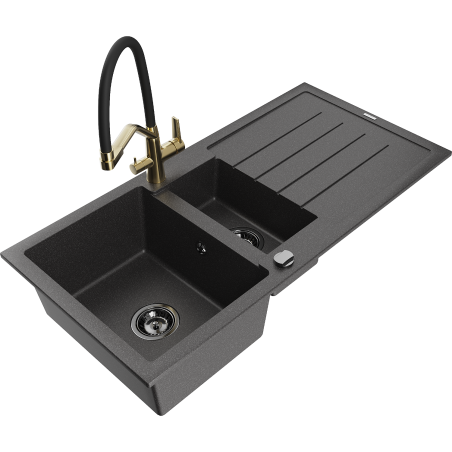 Mexen Andres zlewozmywak granitowy 1,5-komorowy z ociekaczem i baterią kuchenną Duo, czarny nakrapiany - 6515-76-671701-57-B