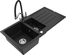 Mexen Andres zlewozmywak granitowy 1,5-komorowy z ociekaczem i baterią kuchenną Duo, czarny - 6515-77-671701-07