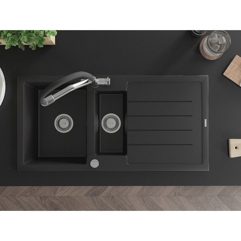 Mexen Andres zlewozmywak granitowy 1,5-komorowy z ociekaczem i baterią kuchenną Duo, czarny - 6515-77-671701-07