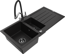 Mexen Andres zlewozmywak granitowy 1,5-komorowy z ociekaczem i baterią kuchenną Duo, czarny - 6515-77-671701-07-B
