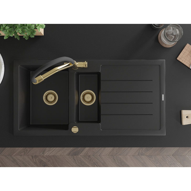 Mexen Andres zlewozmywak granitowy 1,5-komorowy z ociekaczem i baterią kuchenną Duo, czarny - 6515-77-671701-57-G