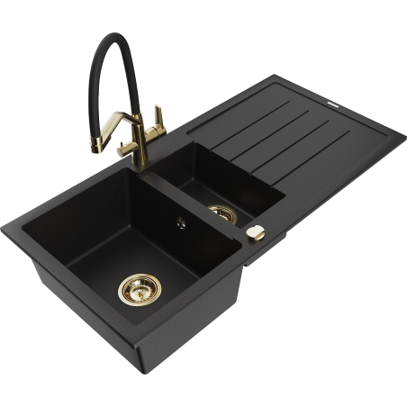 Mexen Andres zlewozmywak granitowy 1,5-komorowy z ociekaczem i baterią kuchenną Duo, czarny - 6515-77-671701-57-G
