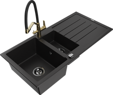 Mexen Andres zlewozmywak granitowy 1,5-komorowy z ociekaczem i baterią kuchenną Duo, czarny - 6515-77-671701-57-B
