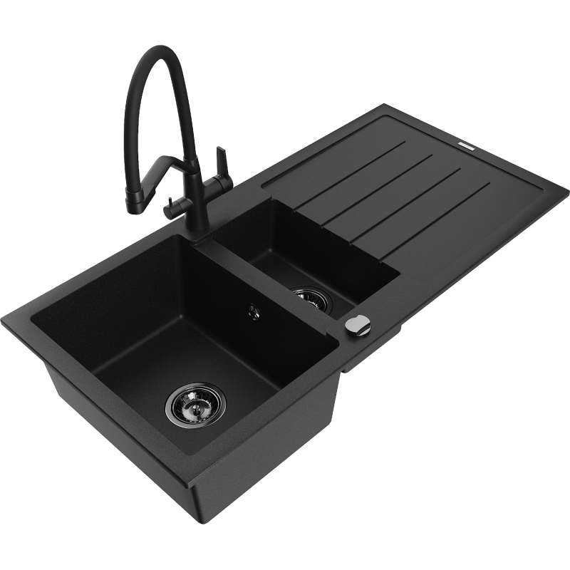 Mexen Andres zlewozmywak granitowy 1,5-komorowy z ociekaczem i baterią kuchenną Duo, czarny - 6515-77-671701-70-B