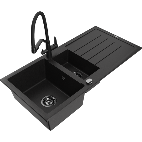 Mexen Andres zlewozmywak granitowy 1,5-komorowy z ociekaczem i baterią kuchenną Duo, czarny - 6515-77-671701-70-B
