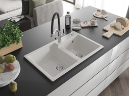 Mexen Tomas zlewozmywak granitowy 2-komorowy z baterią kuchenną Duo, biały - 6516-20-671701-07