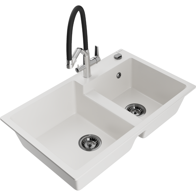 Mexen Tomas zlewozmywak granitowy 2-komorowy z baterią kuchenną Duo, biały - 6516-20-671701-07-B