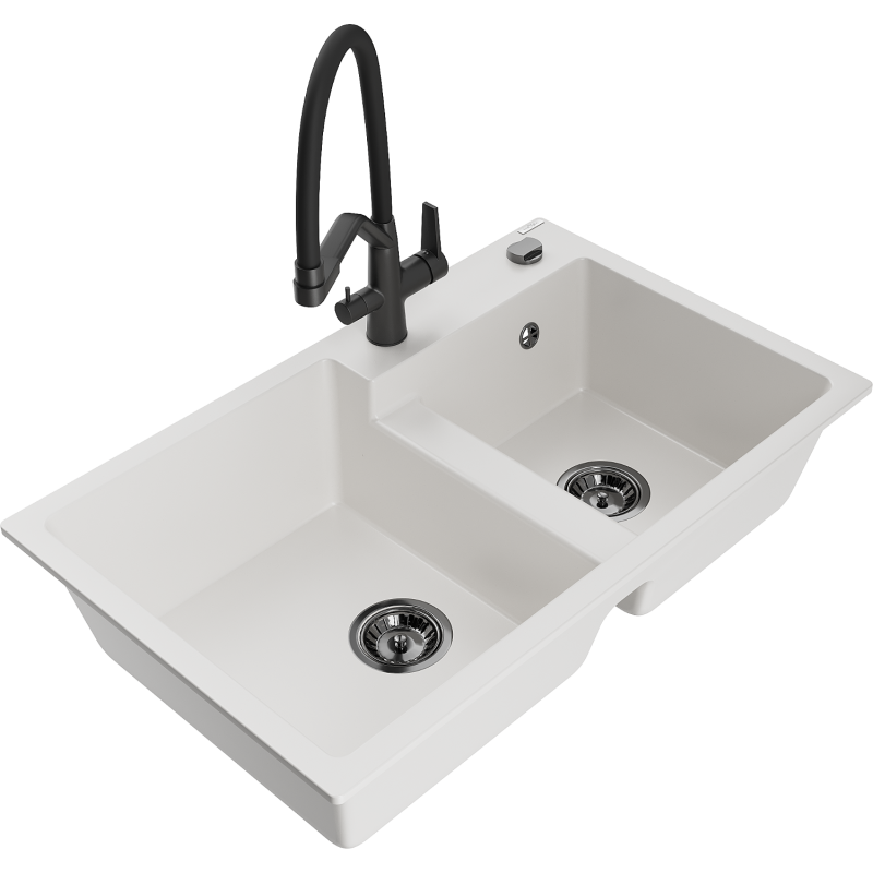 Mexen Tomas zlewozmywak granitowy 2-komorowy z baterią kuchenną Duo, biały - 6516-20-671701-70-B