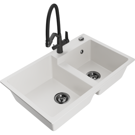 Mexen Tomas zlewozmywak granitowy 2-komorowy z baterią kuchenną Duo, biały - 6516-20-671701-70-B