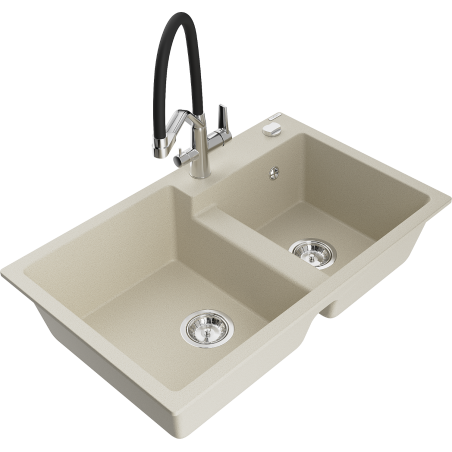 Mexen Tomas zlewozmywak granitowy 2-komorowy z baterią kuchenną Duo, beżowy - 6516-69-671701-07