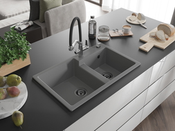 Mexen Tomas zlewozmywak granitowy 2-komorowy z baterią kuchenną Duo, szary - 6516-71-671701-07-B