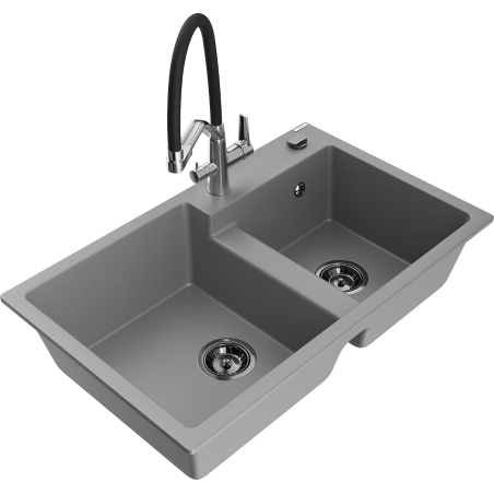 Mexen Tomas zlewozmywak granitowy 2-komorowy z baterią kuchenną Duo, szary - 6516-71-671701-07-B