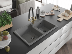 Mexen Tomas zlewozmywak granitowy 2-komorowy z baterią kuchenną Duo, szary - 6516-71-671701-57-B