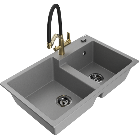 Mexen Tomas zlewozmywak granitowy 2-komorowy z baterią kuchenną Duo, szary - 6516-71-671701-57-B