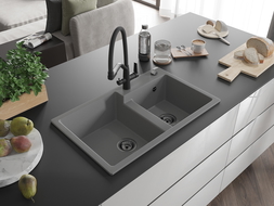 Mexen Tomas zlewozmywak granitowy 2-komorowy z baterią kuchenną Duo, szary - 6516-71-671701-70-B
