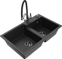 Mexen Tomas zlewozmywak granitowy 2-komorowy z baterią kuchenną Duo, czarny/srebrny metalik - 6516-73-671701-07-B