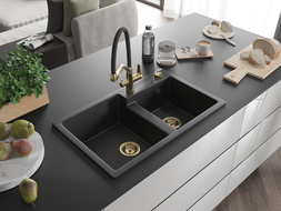 Mexen Tomas zlewozmywak granitowy 2-komorowy z baterią kuchenną Duo, czarny/srebrny metalik - 6516-73-671701-57-G