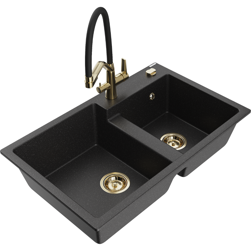 Mexen Tomas zlewozmywak granitowy 2-komorowy z baterią kuchenną Duo, czarny/srebrny metalik - 6516-73-671701-57-G