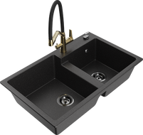 Mexen Tomas zlewozmywak granitowy 2-komorowy z baterią kuchenną Duo, czarny/srebrny metalik - 6516-73-671701-57-B