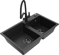 Mexen Tomas zlewozmywak granitowy 2-komorowy z baterią kuchenną Duo, czarny/srebrny metalik - 6516-73-671701-70-B