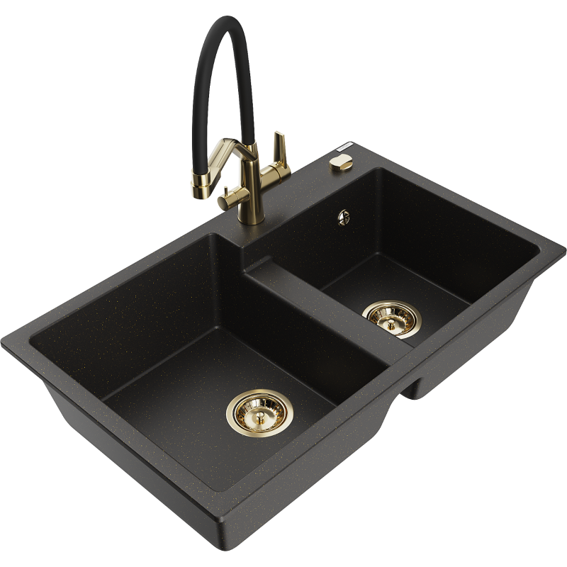 Mexen Tomas zlewozmywak granitowy 2-komorowy z baterią kuchenną Duo, czarny/złoty metalik - 6516-75-671701-57-G