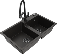 Mexen Tomas zlewozmywak granitowy 2-komorowy z baterią kuchenną Duo, czarny/złoty metalik - 6516-75-671701-70-B