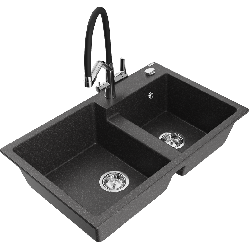 Mexen Tomas zlewozmywak granitowy 2-komorowy z baterią kuchenną Duo, czarny nakrapiany - 6516-76-671701-07