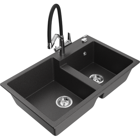 Mexen Tomas zlewozmywak granitowy 2-komorowy z baterią kuchenną Duo, czarny nakrapiany - 6516-76-671701-07