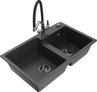 Mexen Tomas zlewozmywak granitowy 2-komorowy z baterią kuchenną Duo, czarny nakrapiany - 6516-76-671701-07-B