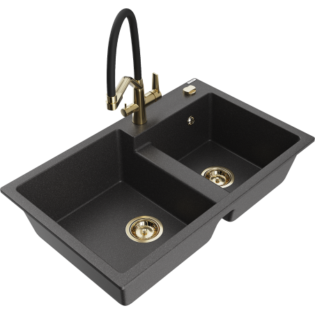 Mexen Tomas zlewozmywak granitowy 2-komorowy z baterią kuchenną Duo, czarny nakrapiany - 6516-76-671701-57-G