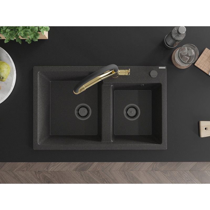 Mexen Tomas zlewozmywak granitowy 2-komorowy z baterią kuchenną Duo, czarny nakrapiany - 6516-76-671701-57-B